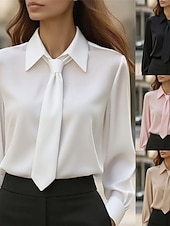  Dames Elegant Chic satijnen top Werkhemden Lapwerk Effen Modern Casual Lange mouw Overhemdkraag Normale tops Dagelijks Feestdagen Zwart Wit Blozend Roze Khaki Herfst