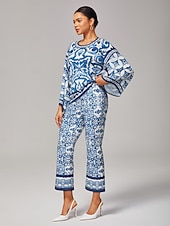  Mujer Camisa casual Arte abstracto Casual Campana Azul cielo Elegante Bohemia Vacaciones Cuello Barco Verano Primavera