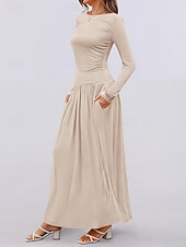 voordelige Witte jurk-Dames Maxi-jurk Trui-jurk A lijn jurk Casual Dagelijks Normale pasvorm Effen Lange mouw Strakke ronde hals Zwart Blozend Roze Rood Bruin Lente Herfst Winter