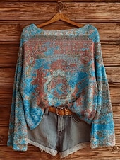 abordables Motifs graphiques et détails-Pull femme décontracté doux géométrique vintage manches longues col rond régulier hauts quotidien vacances imprimé jaune bleu violet vert printemps automne hiver
