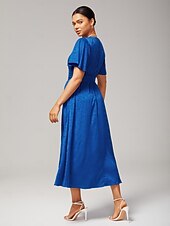 economico Abiti floreali-Abito lungo da donna per invitati a matrimoni, blu royal, scollo a V, jacquard sottile, raso lucido, elegante, alla moda, con cintura in vita, vestibilità aderente, per feste, tutti i giorni, autunno