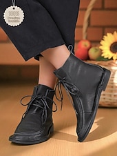 ieftine Botine-Ghete negre pentru femei din piele naturală, cu șireturi – pantofi casual din piele de vacă, rezistenți, pentru serviciu, călătorii și ținute de zi cu zi