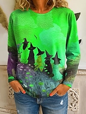 abordables Hauts d&amp;#39;Halloween-Halloween Femmes T-shirt Graphique Sorcière ancien Mode Élégant manche longue Col ras du cou Hauts Réguliers Quotidien Imprimé Jaune Bleu Orange Vert Automne Hiver