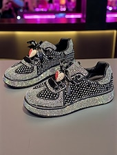 halpa Naisten lenkkarit-Naisten valkoiset strassikengät satiininauhanauhoilla ja sydänriipuksella - tyylikkäät vapaa-ajan kengät yöelämään, klubeille ja juhliin