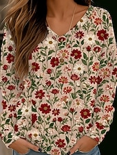 economico Bluse Floreali-Per donna Felpa Pullover Stampato Floreale Streetwear Casual Manica Lunga Scollo a V Top Regolari Streetwear Ferie Uscire Bianco Giallo Rosso Verde Autunno