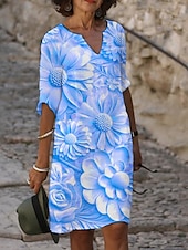 abordables Robes Floraux Imprimés-Femmes Robe Midi Robe Décontractée Robe Imprimée Mode Moderne Quotidien Plage Week-end Coupe régulière Fleuri Manche 3/4 Col ras du cou Jaune Bleu Violet Gris Été Printemps Automne