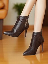 abordables Bottines-Bottines à talons hauts à motif crocodile noir pour femmes - bottines à talons aiguilles à bout pointu en similicuir avec brides décoratives et breloques en strass pour des tenues élégantes