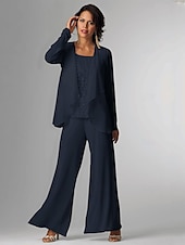 voordelige Broekpakken van mama-Pantsuit 3-delige Moeder van de Bruid Formele Bruiloft Gast Elegante Plus Size Wrap Vloerlengte Chiffon Mouwloos met Kant gratis op maat