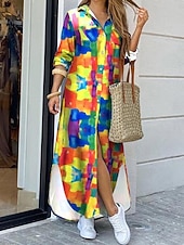 ieftine rochie florală-Pentru femei Rochie Maxi Rochie de schimb Casual Zilnic Dată Fit regulat Floral Grafic Manșon Lung Guler Cămașă Galben Roz Îmbujorat Roșu-aprins Albastru piscină Vară Primăvară Toamnă