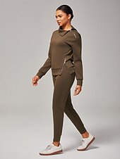 baratos Calça-Calça de moletom feminina marrom elástica com zíper e fenda na cintura elástica, estilosa, confortável, casual, diária, trabalho, versátil, outono
