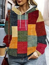 preiswerte Streifen- und geometrische Kapuzenpullover-Damen Kapuzenpullover Druck Grafik Geometrisch Warm Vintage Mode Langarm Mit Kapuze Normale Oberteile Straße Alltagskleidung Ferien Orange Leicht Blau Herbst Winter
