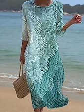 billiga Konst och design klänningar-Kvinnors Maxiklänning Kaftan 3/4 Lång Ärme Crew Neck Avslappnad Klänning A-linjeformat Klänning Boho Regelbunden Passform Grafisk Geometrisk Abstrakt Rosa Blå Lila Grön Vår Höst