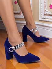 ieftine Block Heels-Tocuri Mary Jane de damă din catifea albastră cu cataramă din perlă - pantofi eleganți cu vârful ascuțit și barete argintii pentru ținute de lucru de toamnă/iarnă, stil urban șic și petreceri de