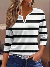 ieftine Tricou cu dungi și geometric-Pentru femei Tricou Grafic Geometric Dungi Epocă Stilat Clasic Manșon Lung În V Gât crestat Topuri obișnuite Zilnic Sfârșit de săptămână Imprimeu Negru și Alb Albastru Prăfuit Gri Primăvară Toamn