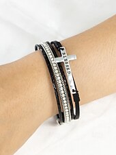 levne Dámský náramek-Dámský vícevrstvý náramek s křížkem a kamínky – inspirativní „požehnaný“ náramek z umělé kůže pro běžné nošení, do kostela i na zvláštní příležitosti