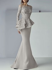 cheap Floor Length-Mermaid Mother of the Bride Dress Formal Wedding Guest Elegant Scoop Neck Floor Length Lace Stretch Fabric Long Sleeve with Ruffles Appliques