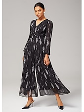 abordables Combinaisons &amp; Combishorts Femme-Combinaison femme en mousseline noire imprimée à jambes larges, col en V, taille cintrée, élégante, idéale pour les fêtes, tenue quotidienne, idéale pour le printemps et l&#039;automne