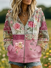 economico Top Floreali-Felpe con Cappuccio 3D Donna Stampate con Grafica Floreale Moda Casual Boho Maniche Lunghe Cappuccio Top Regolari Abbigliamento Stradale Quotidiano Patchwork Tasca con Cerniera Rosa Rosso Blu