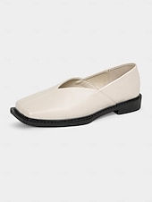 cheap Women's Flats-Women's Beige Square Toe Slip-On Loafers - Faux Leather Low Heel Comfort Shoes with V-Cut Vamp, Minimalist Modern Style for Casual Wear, Office Outfits and Autumn Fashion