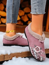 economico Scarpe di Natale per Donne-scarpe slip-on da donna con fodera in pelliccia ricamata rossa e motivo floreale, calde scarpe invernali per Natale, periodo festivo e abbigliamento casual
