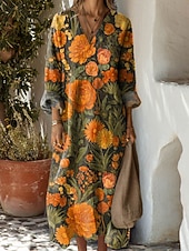 preiswerte Streifen- und geometrische Kleider-Damen Maxikleid Sommerkleid A Linie Kleid Urlaub Lässig Boho Party Ferien Strand Normale Passform Blumen Grafik Geometrisch Langarm V Ausschnitt Gelb Rote Blau Orange Sommer Frühling Herbst