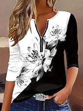 abordables T-shirt floral-Femmes T-shirt Fleuri Graphique Plantes Élégant ancien Classique manche longue Col rond Encolure en V Hauts Réguliers Quotidien Week-end Fermeture éclair Imprimé Noir et blanc Printemps Automne Hiver