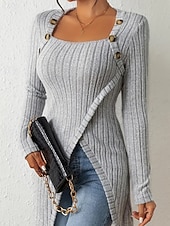 cheap Plain tee-Women's T Shirt Tee Top Buttons Asymmetrical Solid Color Elegant Fashion Long Sleeve Square Neck Regular Tops Daily Weekend Black Brown Rose Pink Gray Spring Fall