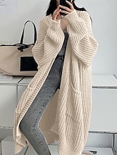 halpa Yksinkertainen neuletakki-Naisten Neulos Neule Muoti Katutyyli Vapaa-aika Puhdas väri Joustin Avoin etuosa Tasku Kudottu Pitkähihainen Pitkät topit Neuloa ulko- Päivittäin Viikonloppu Viininpunainen Musta Syksy Talvi