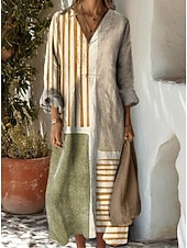 preiswerte Streifen- und geometrische Kleider-Damen Maxikleid Sommerkleid A Linie Kleid Urlaub Lässig Boho Party Ferien Strand Lässiger Schnitt Grafik Geometrisch Abstrakt Langarm V Ausschnitt Dunkelbraun Dunkelrot Rote Leicht Braun Frühling