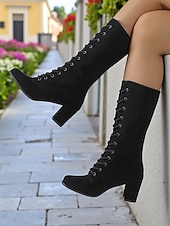 abordables Bottes à la mode-bottes à lacets en daim marron pour femmes - bottes mi-mollet vintage modernes avec talons épais pour la mode de tous les jours, les promenades d&#039;automne et les costumes à thème