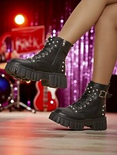 abordables Bottes motard-bottes motardes cloutées en similicuir noir pour femme avec semelle plateforme épaisse et fermeture éclair latérale &amp;Bottines à boucle style punk pour ados et femmes, idéales pour les concerts et le