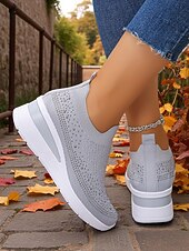 preiswerte Damen-Sneaker-Pinke Flyknit-Slip-On-Sneaker mit Strasssteinen für Damen – atmungsaktive, leichte Keilschuhe zum Spazierengehen, für Fitness und den lässigen Alltag