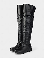 baratos Botas da moda-Botas femininas pretas acima do joelho - botas de couro sintético de cano alto com sola de argola para roupas casuais e de rua no outono e inverno