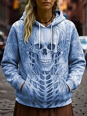 billige Halloween hettegenser og hettejakke-Dame Pullover hettegenser-genser Grafisk Hodeskaller Fritid Langermet Med hette Vanlige topper Festkveldsklær Gate Hverdag Hvit Rosa Blå Lilla Kakifarget Vår Høst Vinter