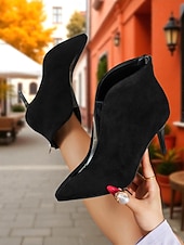 abordables Bottines-Bottines à talons aiguilles noires pour femmes - bottines à bout pointu en daim avec design en V pour un look de bureau chic et urbain et un style streetwear d&#039;automne