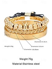 economico Gioielli da uomo-set di bracciali da uomo in acciaio inossidabile dorato: bracciale a 3 pezzi con corona di perline, polsino intrecciato e bracciale con numeri romani per abiti alla moda, feste e occasioni speciali