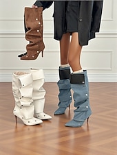 levne Slouch Boots-Dámské hnědé semišové kozačky nad kolena s odnímatelnou přední ozdobou a multistylem - módní obuv na vysokém podpatku pro moderní městské outfity