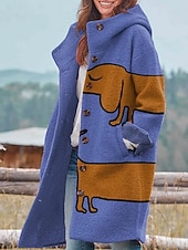 billige 3D frakker-Dame Vinterjakke Fleece-jakke Frakk Hold Varm Pustende Lomme Knapper Trykt mønster Aktiv Daglig Fritid Dyr Feriereise Gate Daglig Enkeltkneppet Lang Hettegenser Normal Langermet Yttertøy Svart Hvit