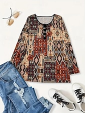 billige Boho t-skjorte-Dame Tunika T skjorte Blomstret Grafisk Geometrisk Stilfull Fritid Bohem Langermet Crew-hals Vanlige topper Daglig Ut på byen Helg Svart Rød Oransje Brun Kakifarget Høst Vinter