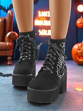levne Pro ženy-Dámské černé vojenské boty na platformě s výšivkou pavučiny - gotické kotníkové boty se šněrováním a robustním podpatkem na halloweenskou párty, cosplay a večerní zábavu