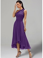 billiga Bröllopsgästklänningar-A-linjeformade Bröllops Gäst Klänningar Elegant Klänning Formal Bröllops Fest Te Längd utan Ärmar En Axlar Höst Bröllops Gäst Chiffon med Rynkning