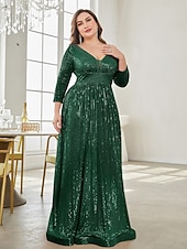 economico Semi-formale / Cocktail-Linea ad A Lunghezza al pavimento Abiti da festa Elegante Manica Lunga Scollo a V Formale Invitato a matrimonio autunnale Con Paillettes con Glitter Paillettes