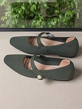 billiga Platta damskor-Beige stickade Mary Jane-skor med pärlrem för kvinnor - lätta, andningsbara vardagsskor för vardagsbruk, resor och kontorskläder