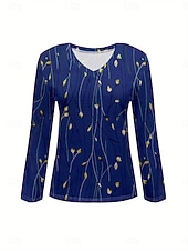 abordables T-shirt floral-Femmes T-shirt Fleuri Graphique Plantes ancien Élégant Classique manche longue Col en V Hauts Réguliers Quotidien Imprimé bleu marine Printemps Automne Hiver