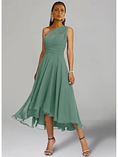 billiga Bröllopsgästklänningar-A-linjeformade Bröllops Gäst Klänningar Elegant Klänning Formal Bröllops Fest Te Längd utan Ärmar En Axlar Höst Bröllops Gäst Chiffon med Rynkning