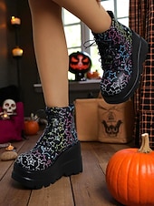 baratos Para mulheres-Botas femininas pretas plataforma com cadarço e caveira - botas góticas de cano curto com sola grossa para festas de outono, cosplay e dia dos mortos