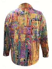  Damenbluse aus leinenähnlichem atmungsaktivem leichtem grafischem geometrischem vintage täglichen lässigen langen Ärmeln Shirt-Kragen regelmäßige Tops täglich Urlaub Print gelb rot blau lila grün