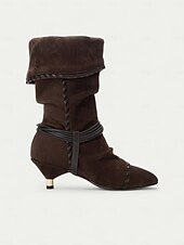 levne Slouch Boots-Dámské semišové kozačky v moka hnědé barvě do půli lýtek s pleteným páskem, překlápacím designem a kotníkovými podpatky, městská ležérní módní obuv pro každodenní streetwear.