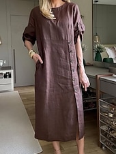 ieftine rochii imprimate din bumbac si in-Pentru femei Rochii Midi Rochie casual Rochie din in bumbac De Bază Modern Zilnic Sfârșit de săptămână Fit regulat Simplu Lungime Manșon 3/4 Stil Nautic Negru Galben Albastru piscină Maro Var