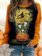 economico Felpa e Hoodie di Halloween-Halloween Felpa Donna Con Cappuccio Zucca Strega Moda Casual Manica Lunga Collo Giro Normale Top Casual Stampa Nera Bianca Gialla Arancione Estate Primavera Autunno